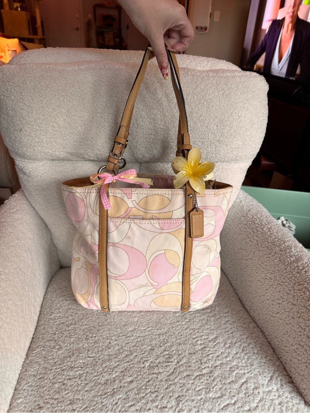 Coach Pink & Cream Signature Tote with Tan Leather Handles